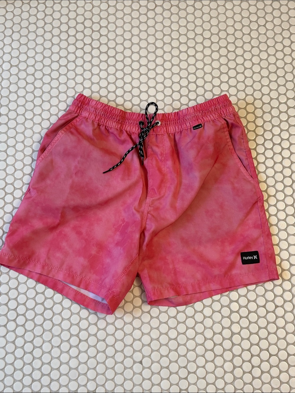 Hurley Men’s Pink Tie-Dye Swim Trunks with Black Drawcord